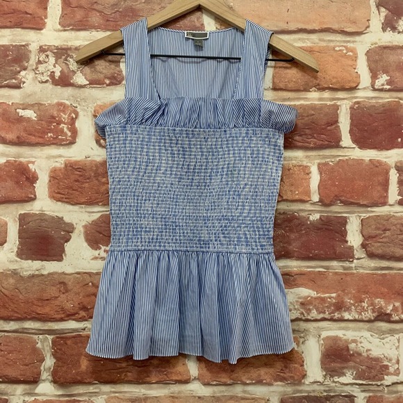 Chelsea 28 Top Women's Small Blue White Striped Ruffle Smocked Sleeveless Blouse - Picture 1 of 8